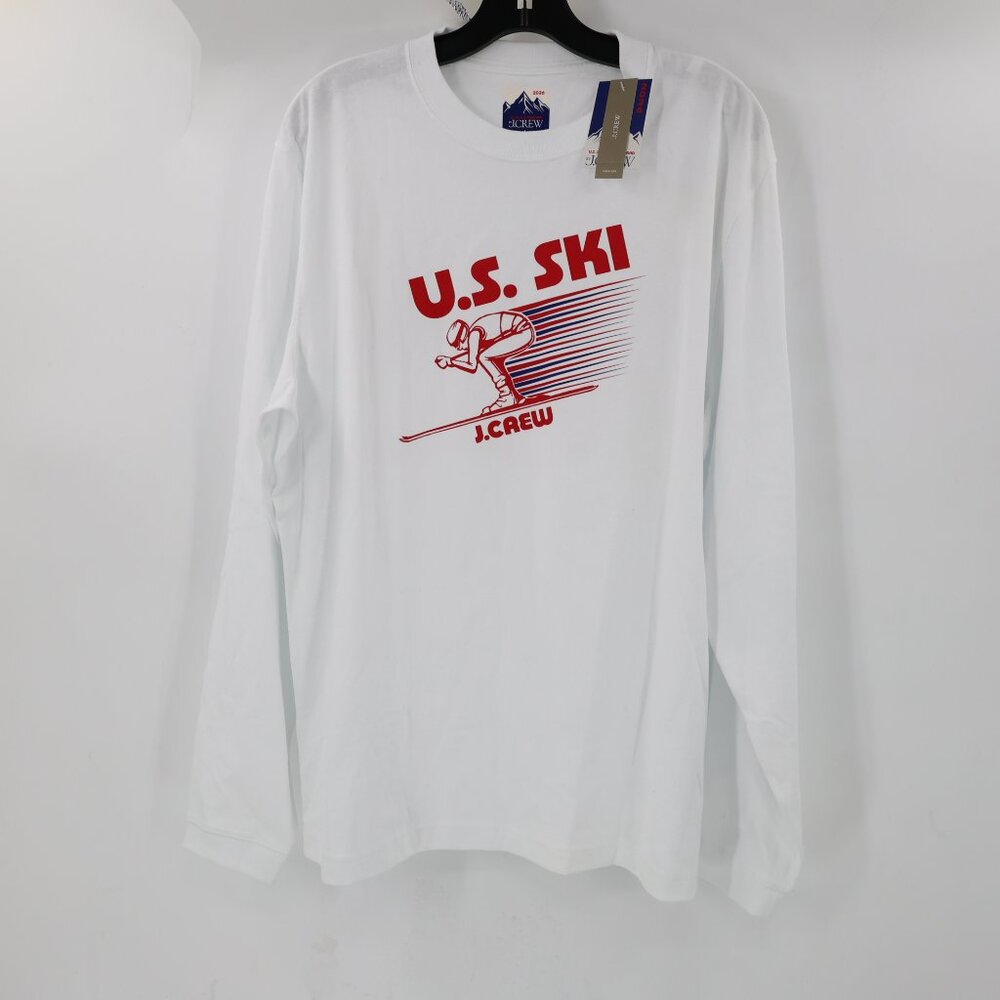 NWT J Crew Broken Shirt Mens Large White Red US Ski Graphic Cotton Limited crew
